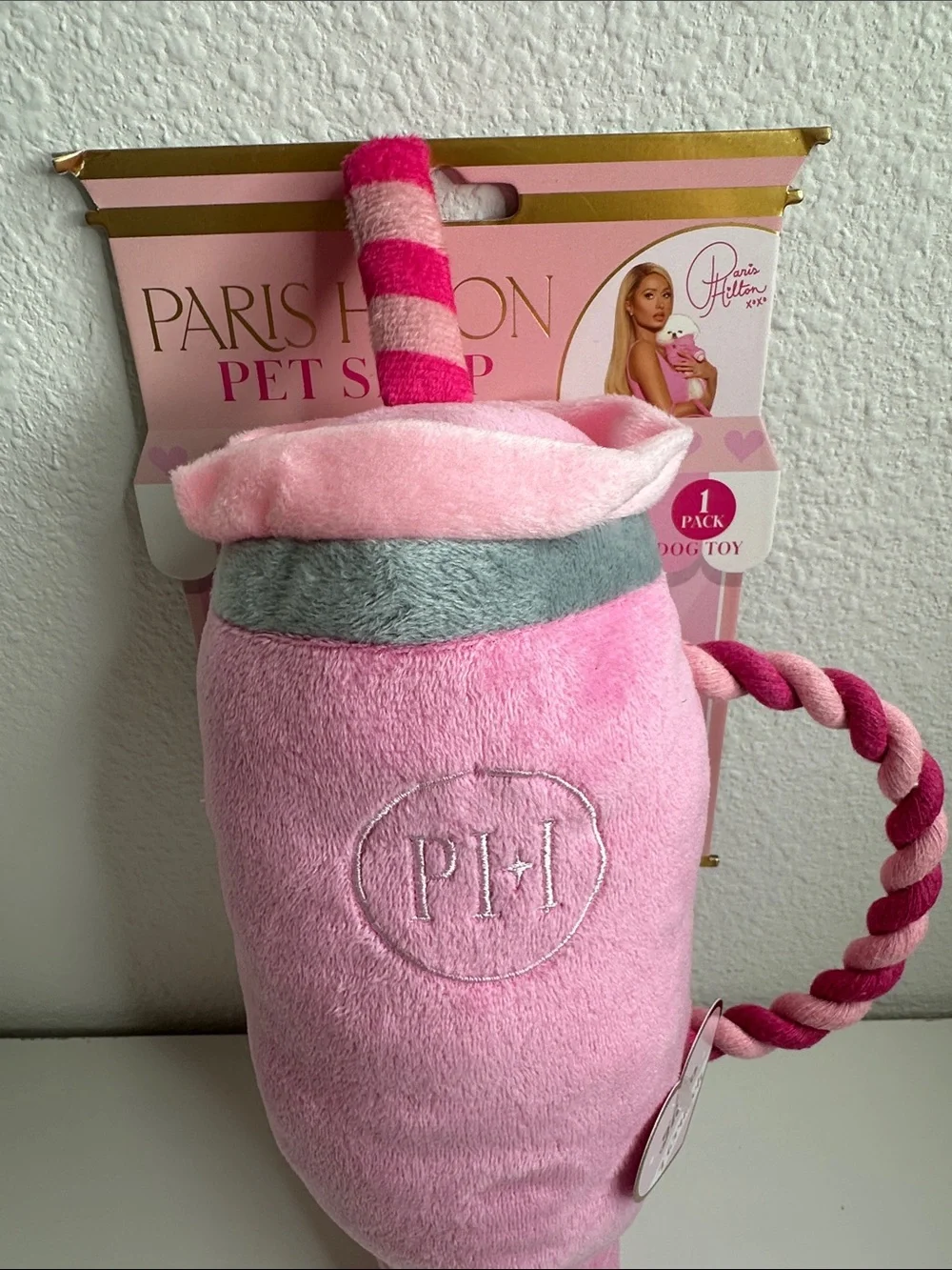Paris Hilton Pink Plush Shake Dog Toy with Striped Rope Handle